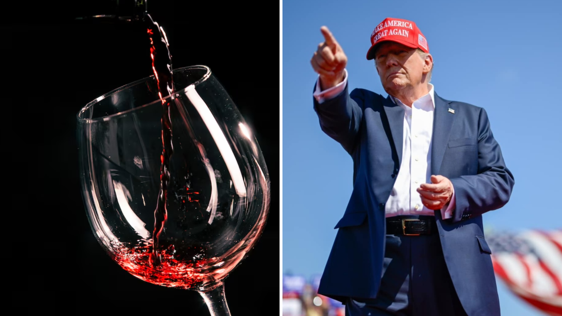 Taça de vinho e o presidente dos EUA, Donald Trump