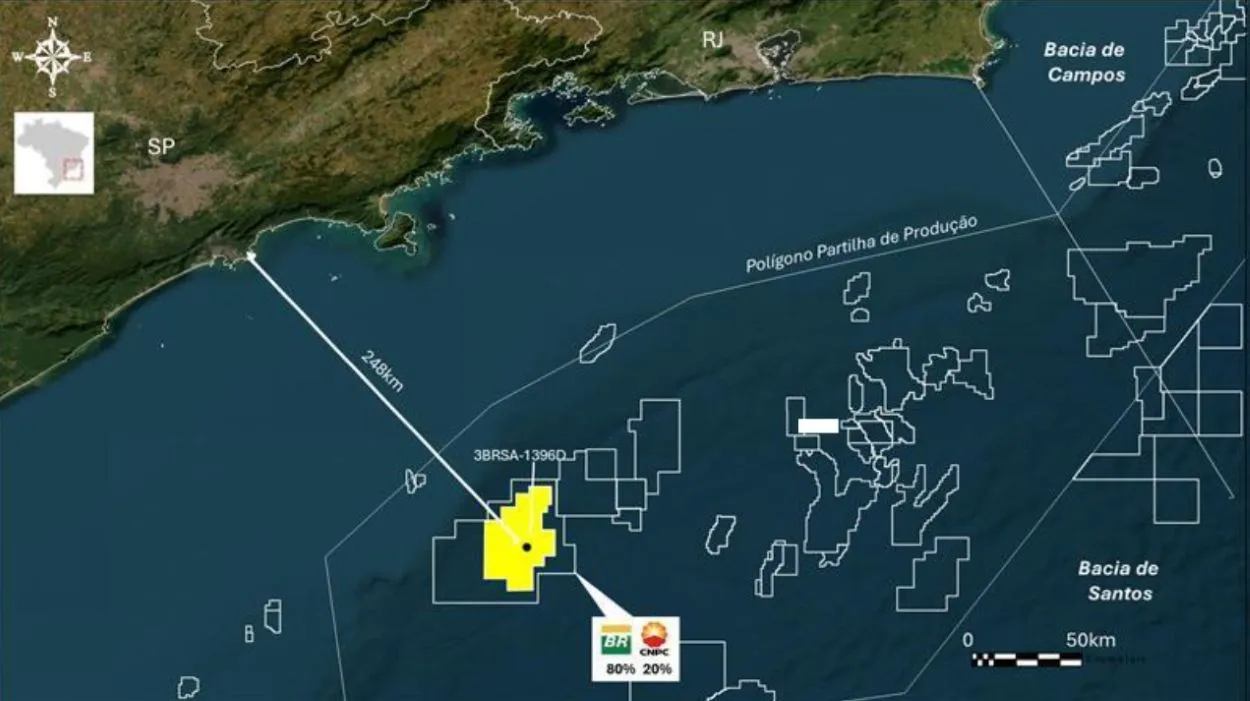Mapa do bloco Aram na Bacia de Santos, onde a Petrobras anunciou descoberta de petróleo no pré-sal