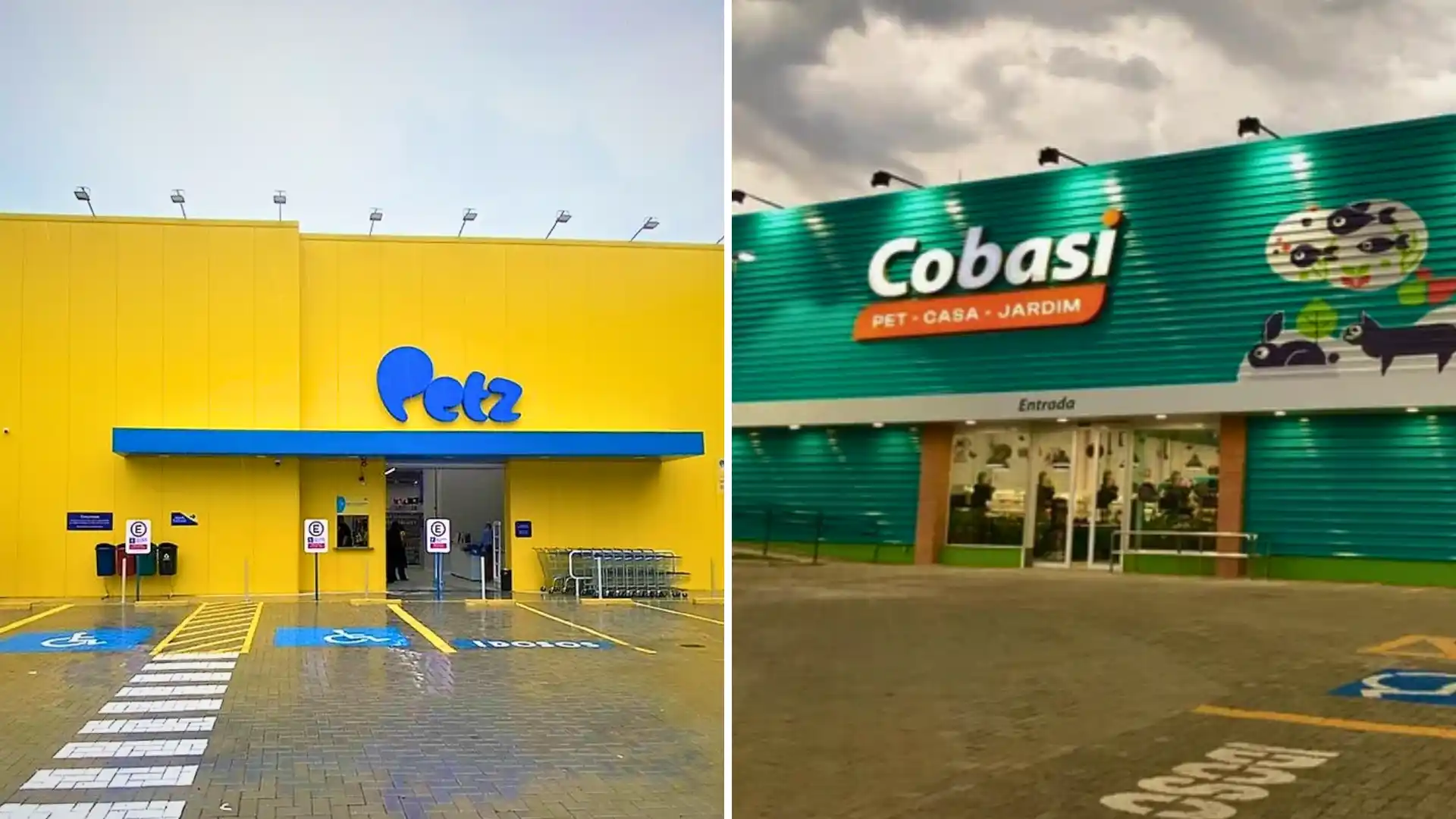 Fachadas das lojas Petz e Cobasi lado a lado, representando a fusão das duas grandes redes do varejo pet.