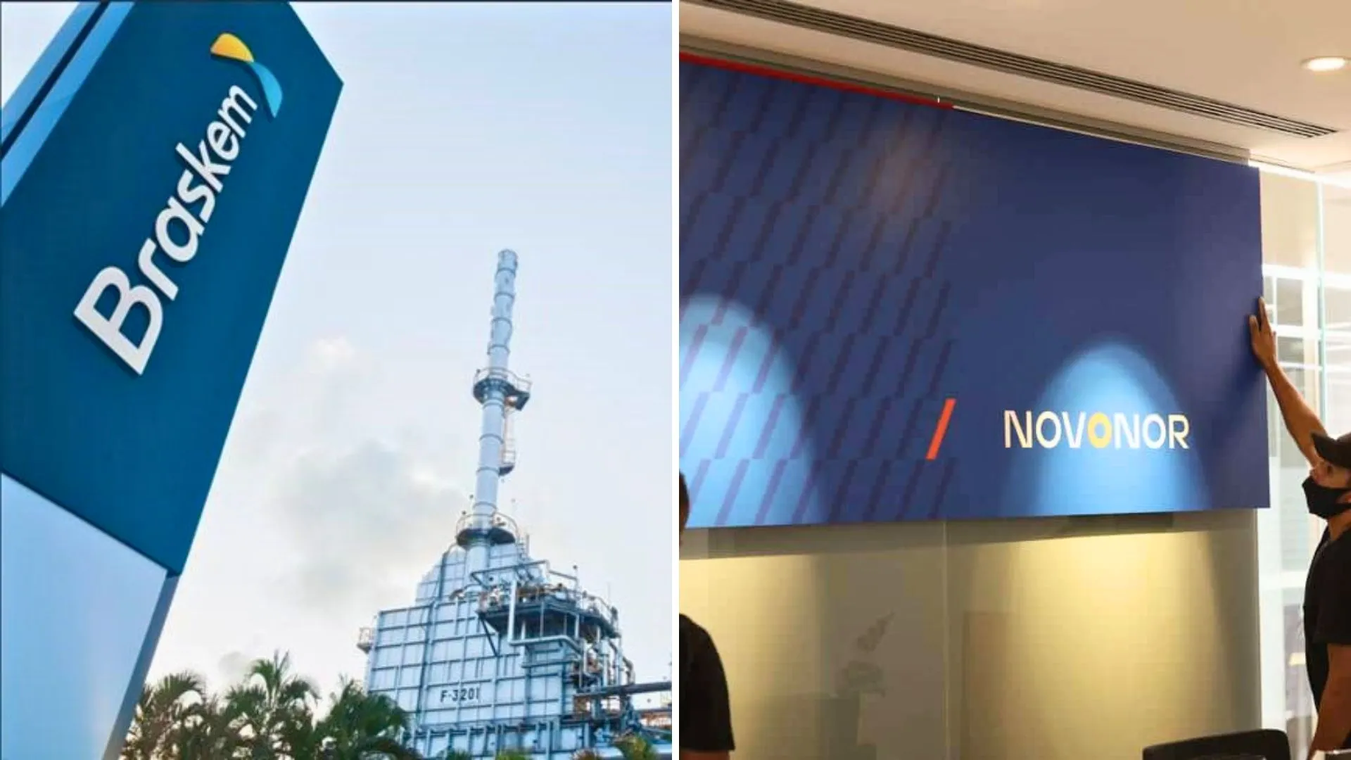 Logotipos da Braskem e Novonor representando a venda de participação