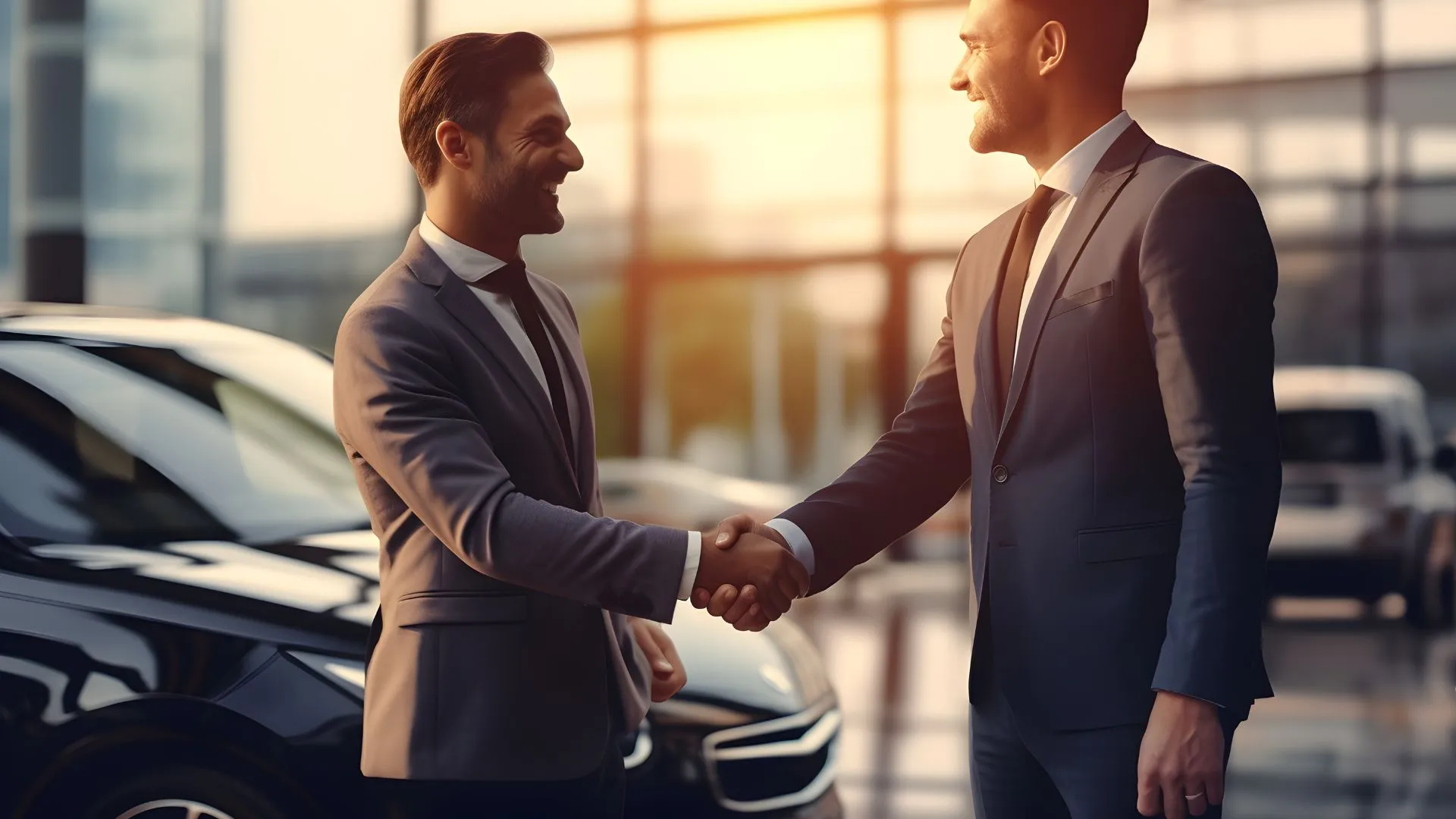 Dois homens fechando negócio em uma concessionária, representando um acordo de consórcio de carro.