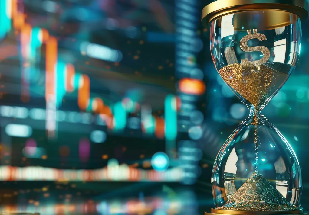 é hora de investir em ações: imagem de ampulheta e gráfico de ações