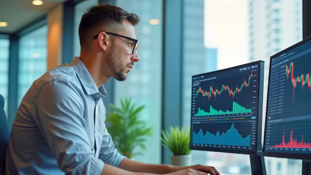A imagem apresenta um homem de óculos, aparentemente concentrado, observando gráficos em dois monitores de computador. Ele parece estar em um ambiente de escritório moderno, com grandes janelas que revelam prédios ao fundo. Os gráficos exibidos nas telas sugerem análise de dados financeiros ou de mercado, um tipo de informação que seria relevante para a elaboração ou interpretação do Boletim Focus.
