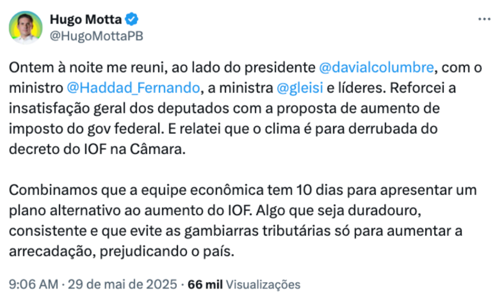 publicação no X de Hugo Motta