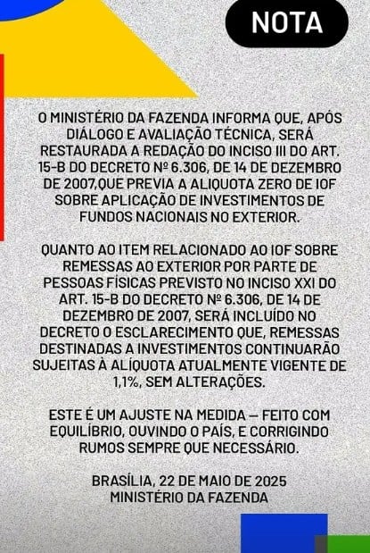 imagem do Instagram do Ministério da Fazenda, com anúncio sobre IOF
