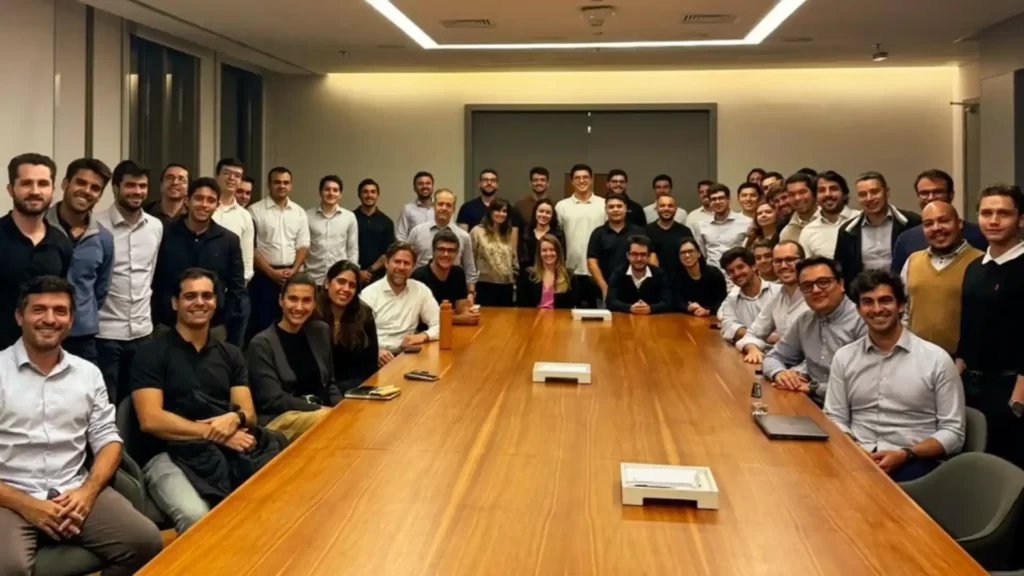 A imagem exibe um grupo numeroso de colaboradores da Riza Asset, majoritariamente homens, reunidos em uma ampla sala de reunião. Eles estão dispostos ao redor de uma grande mesa de madeira, vestidos de forma casual-elegante, e muitos sorriem, criando uma atmosfera profissional e colaborativa sob iluminação clara.