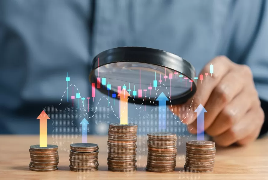 Selic a 14,75%: veja como invesir. Imagem de homem analisando com lupa pilhas de moedas
