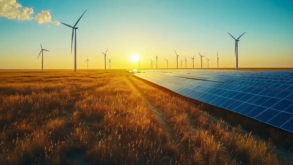Campo com painéis solares e turbinas eólicas ao pôr do sol, representando energia renovável e o FII BRAS11