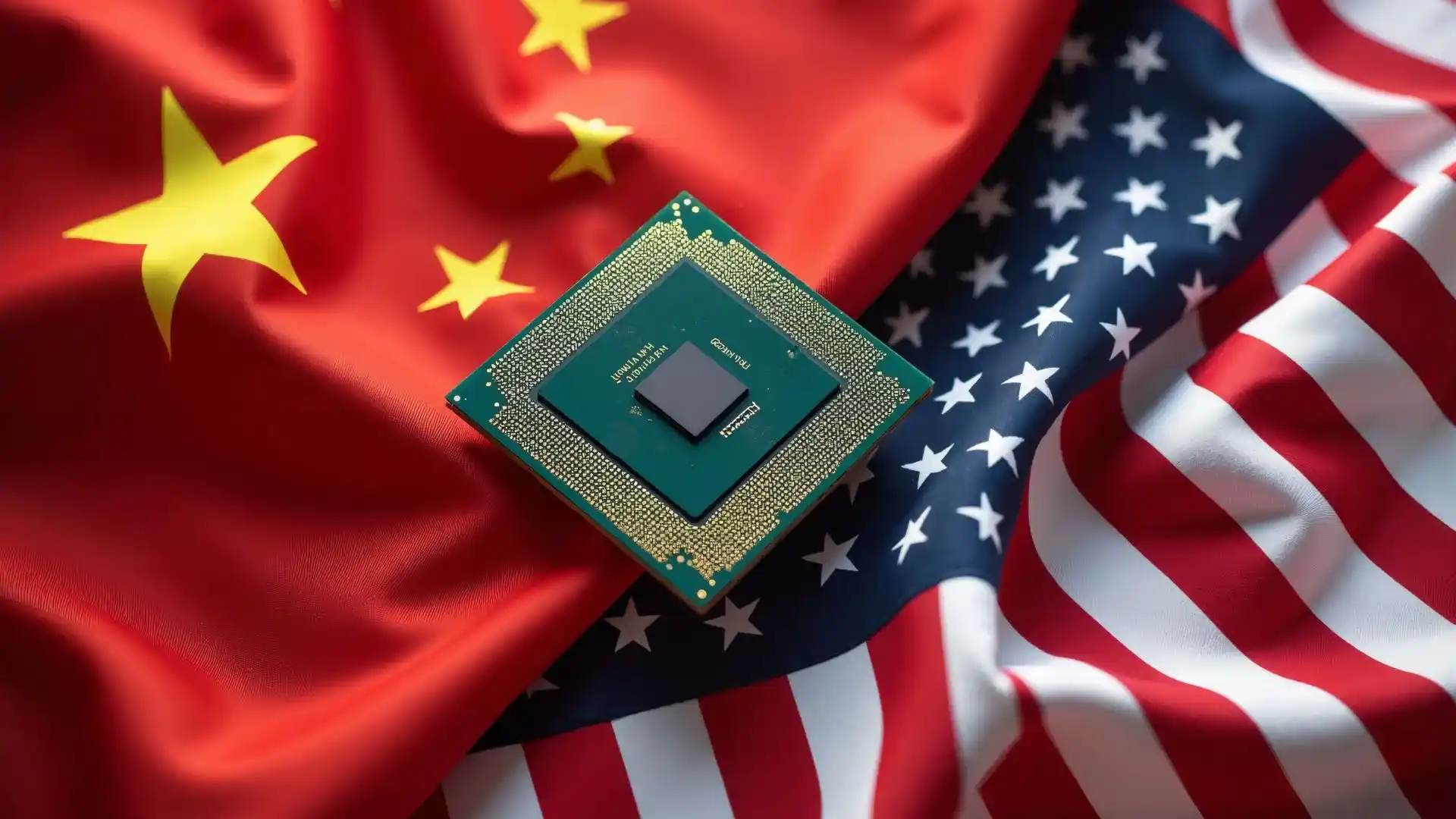 Microchip sobre bandeiras dos EUA e China, simbolizando terras raras e negociações