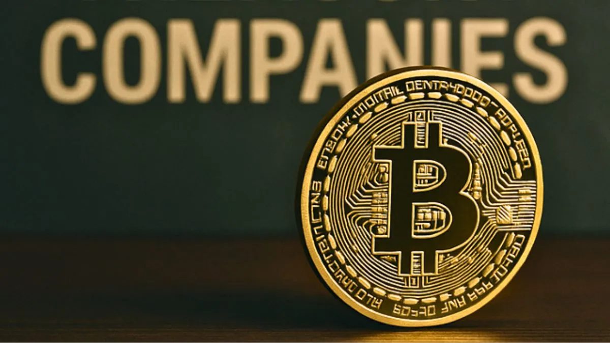 Moeda de Bitcoin em frente à palavra "COMPANIES", representando empresas com Bitcoin
