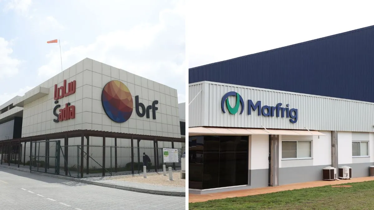 Fachadas de unidades da BRF e Marfrig, representando a fusão.
