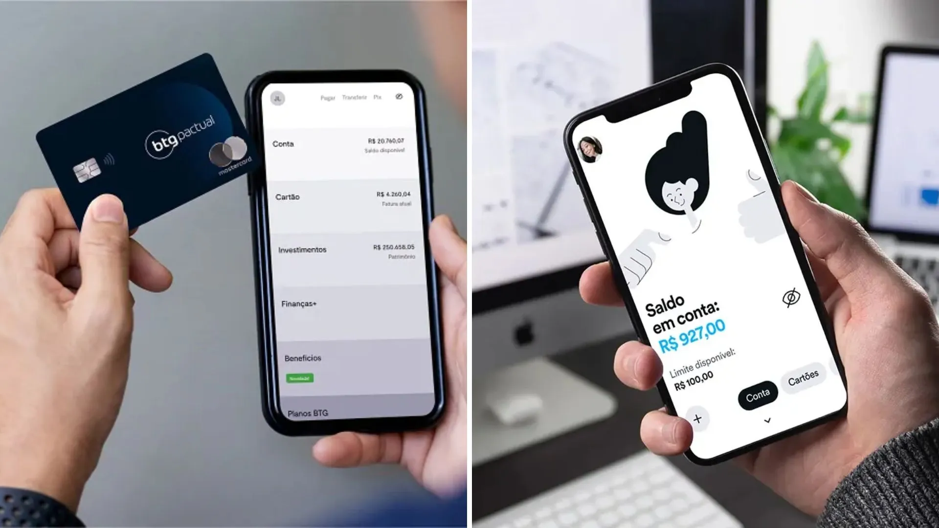 Mãos segurando celular e cartão, representando BTG Pactual e Banco Pan em relação à OPA