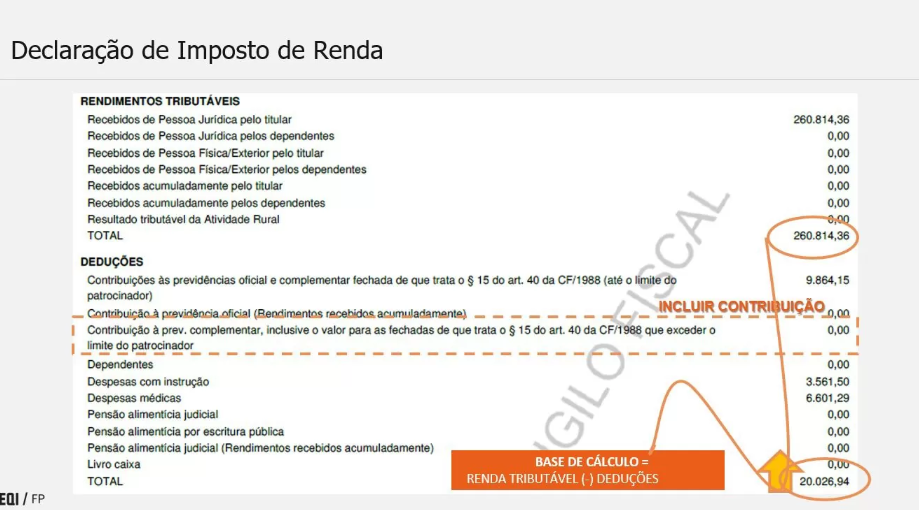 tabela com declaração de imposto de renda de pessoa fictícia