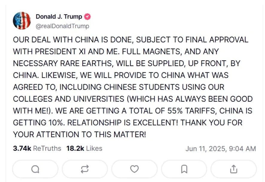 postagem de Trump na Truth Social, sobre tarifas