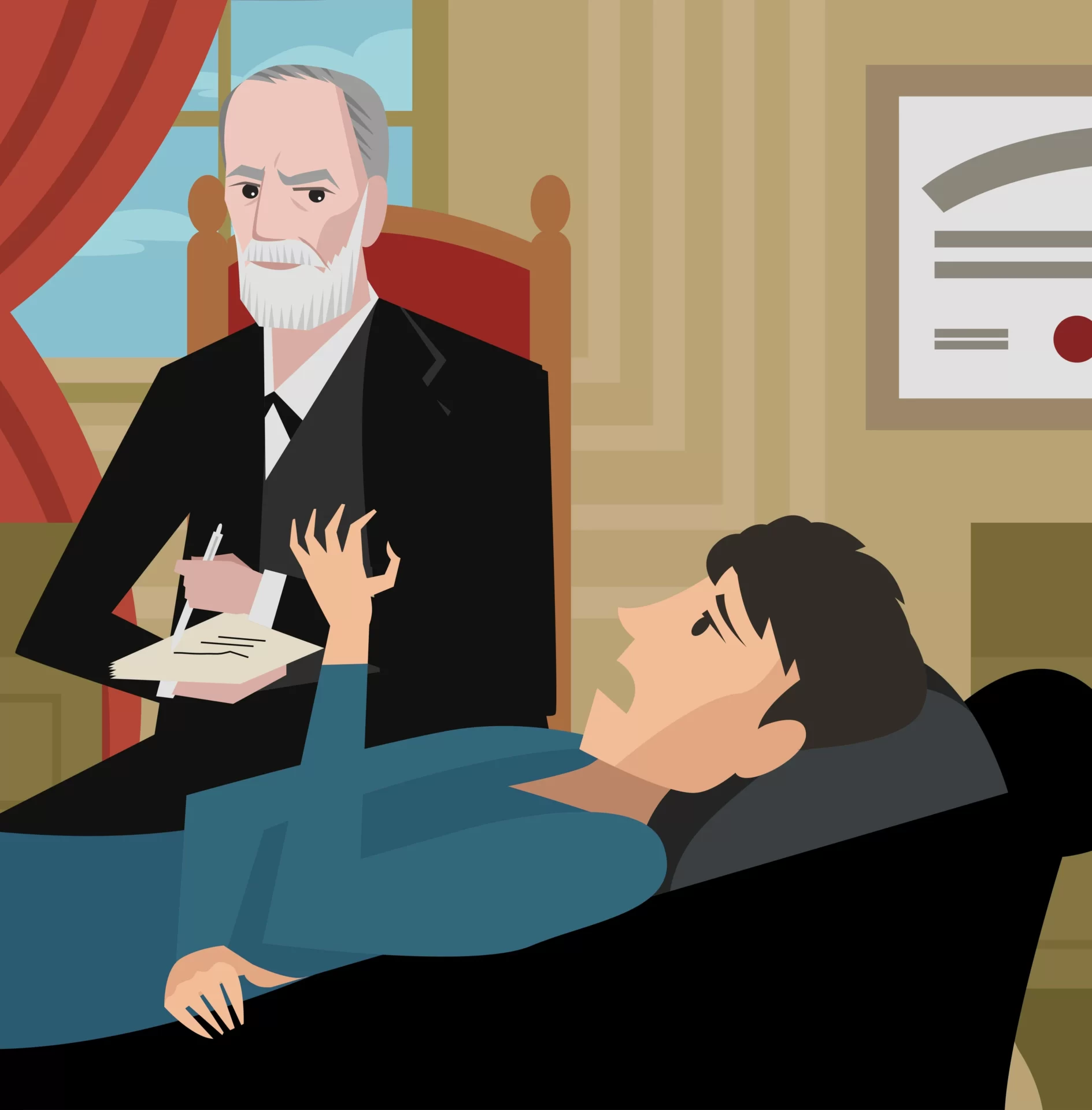 Ilustração de um terapeuta com um trader em um divã, simbolizando "traders no divã".