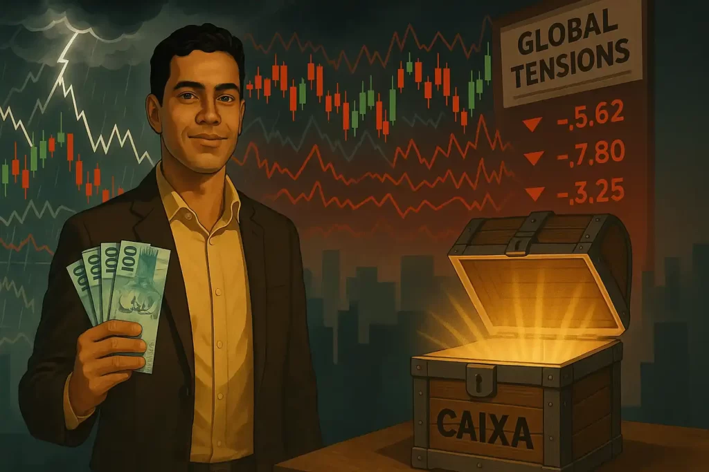 Ilustração de um homem segurando notas de dinheiro com gráficos financeiros e um baú do tesouro, simbolizando "Cash is not trash"