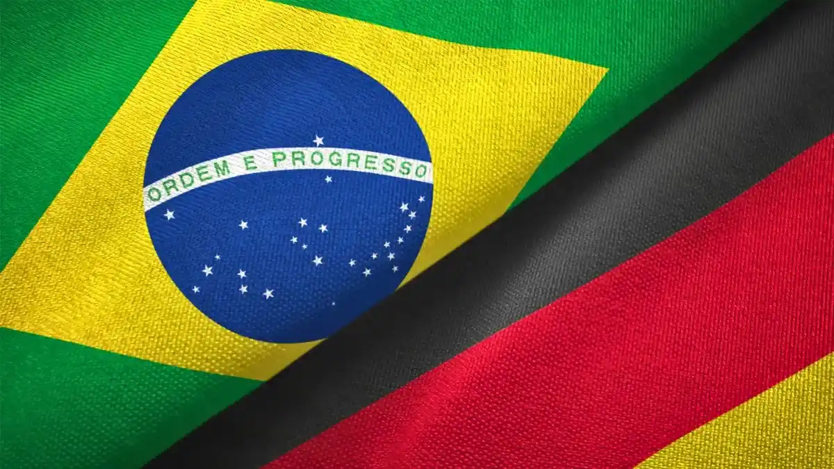 Bandeiras do Brasil e da Alemanha cruzadas, representando o Ibovespa e o DAX.
