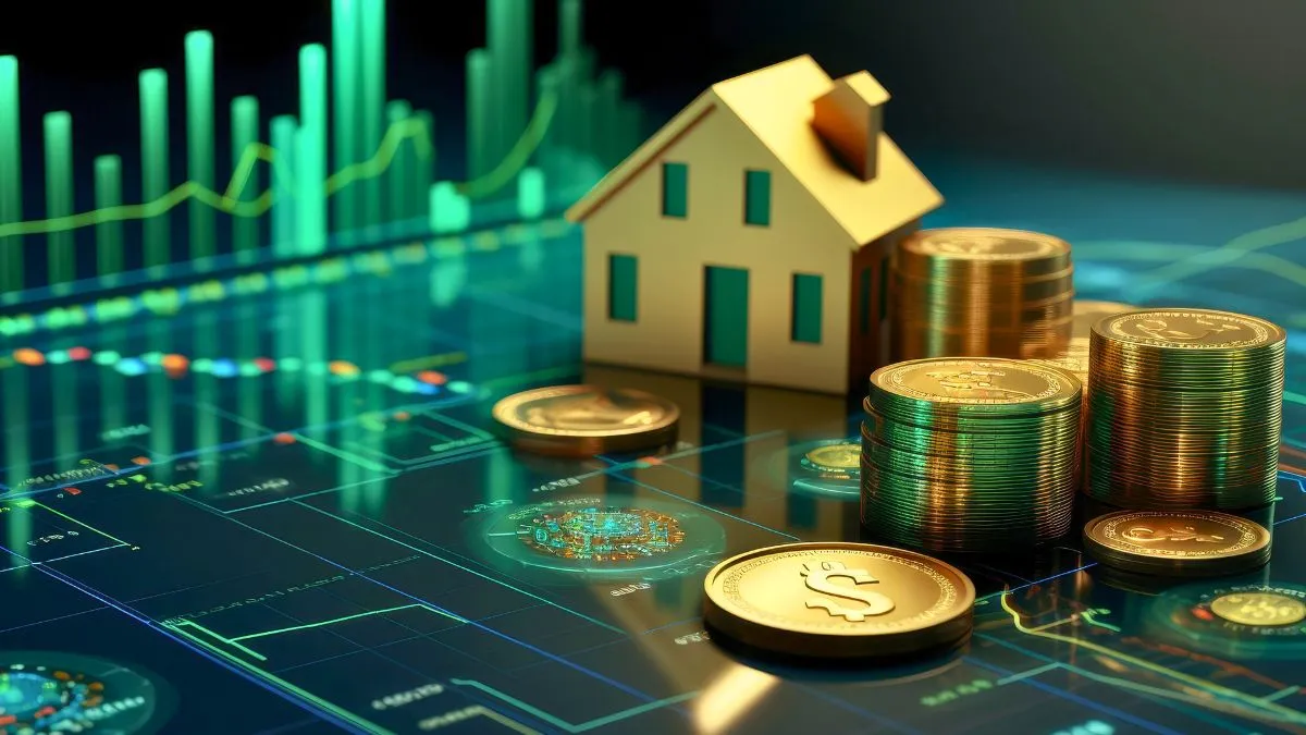 Casa em miniatura sobre moedas e gráficos financeiros, simbolizando uma carteira de FIIs.