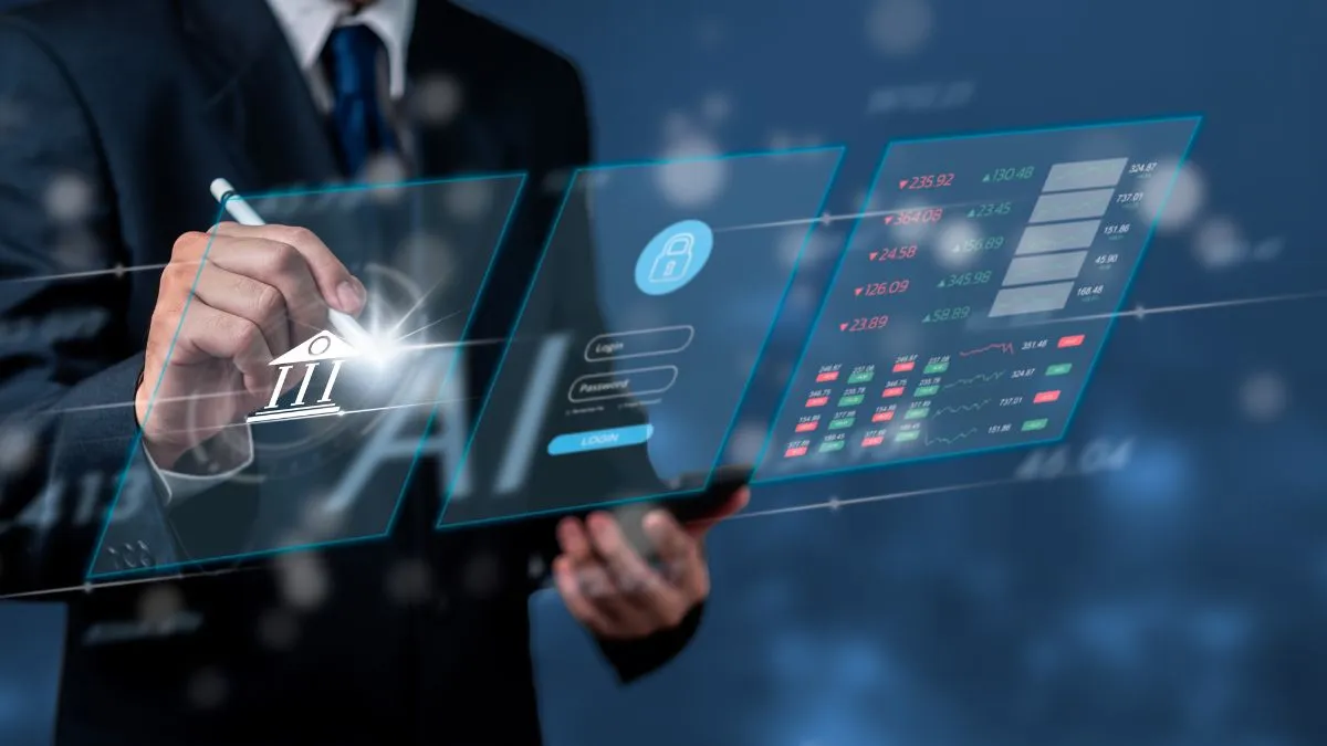 Pessoa interagindo com tela holográfica de gráficos financeiros globais, simbolizando carteira de investimentos global.