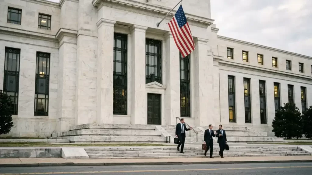 Homens saindo de um edíficio nos EUA