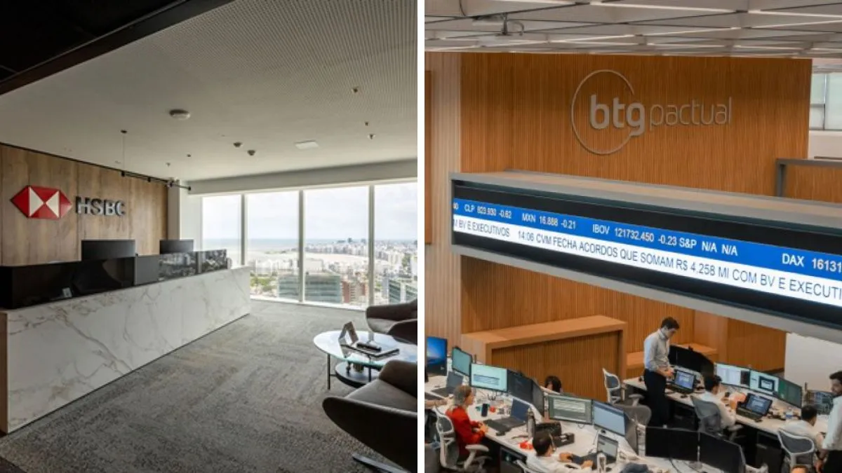 Imagens dos logotipos ou edifícios do HSBC Uruguai e do BTG Pactual, simbolizando a aquisição.