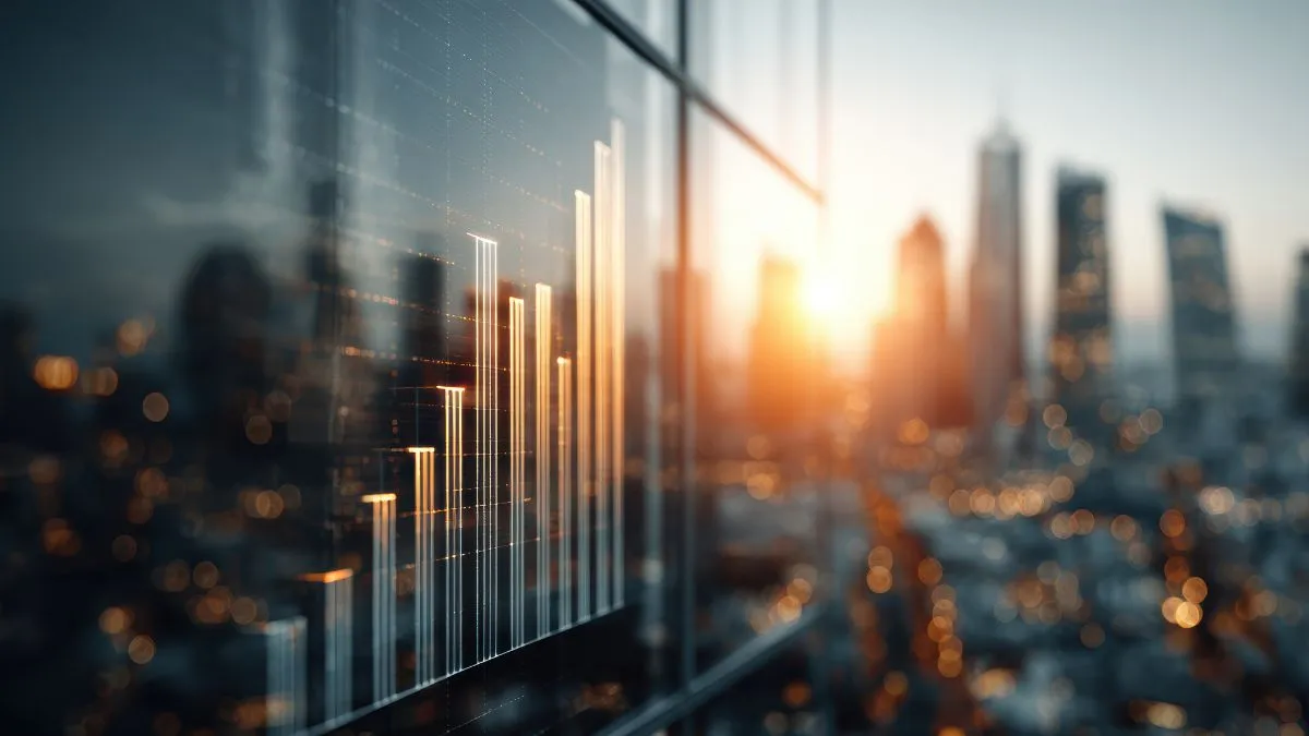 Gráfico financeiro com barras ascendentes sobre paisagem urbana, representando inadimplência em investimentos