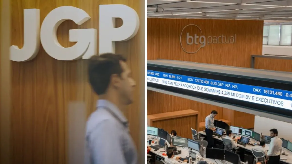 Logotipo da JGP e interior de escritório do BTG Pactual, simbolizando a aquisição.