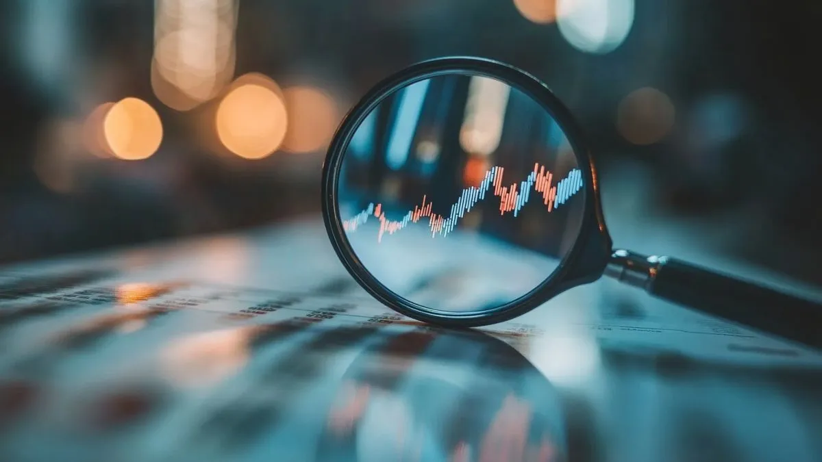Lupa sobre gráficos financeiros, simbolizando a análise para o melhor investimento.