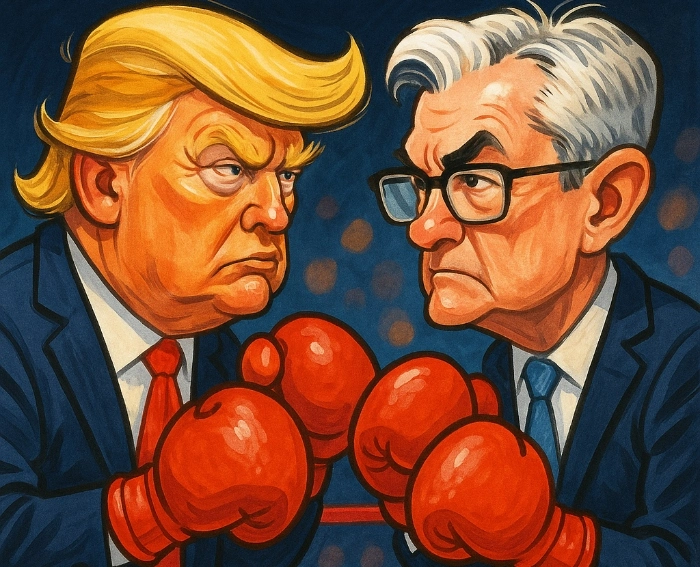 Trump e Powell em caricatura