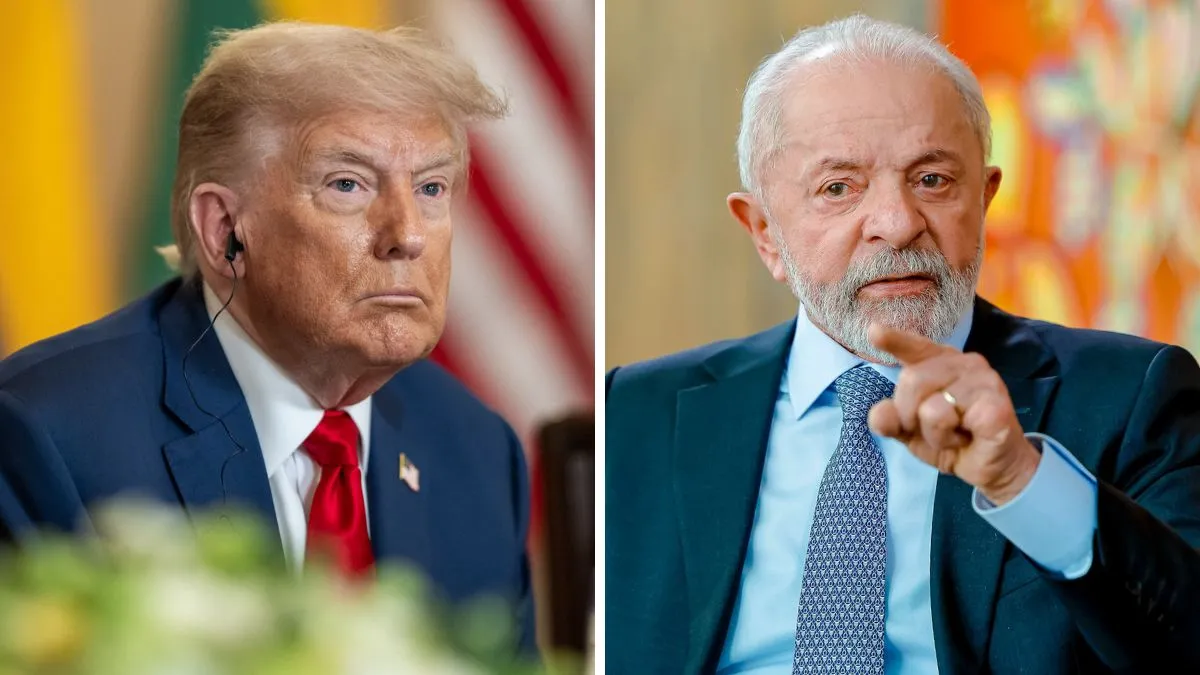 Montagem de Donald Trump e Luiz Inácio Lula da Silva, representando a relação comercial e tarifas