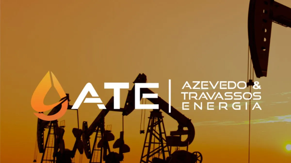 Logo da Azte Energia e imagem de bombas de extração de petróleo.