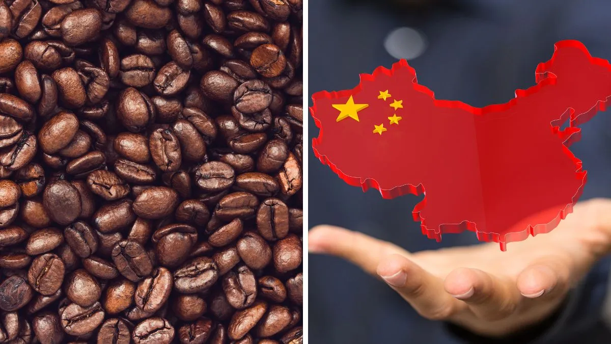 Grãos de café e a bandeira da China.