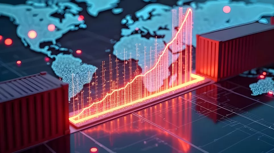 crédito do tarifaço para empresas: imagem de mapa muni com gráfico em vermelho e container ao lado