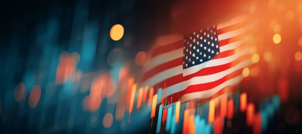 NFIB: indicador da economia dos EUA; imagem de bandeira dos EUA e gráficos de ações