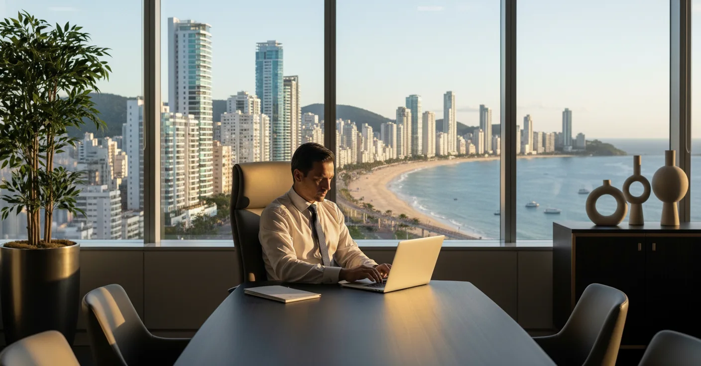 Homem de terno em um escritório de luxo com vista panorâmica para uma praia e uma cidade.