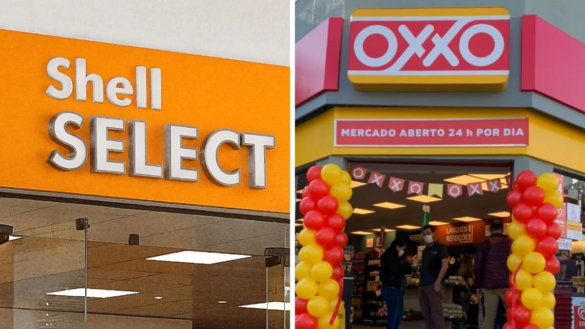 Logotipos da Shell Select e da Oxxo em lojas.