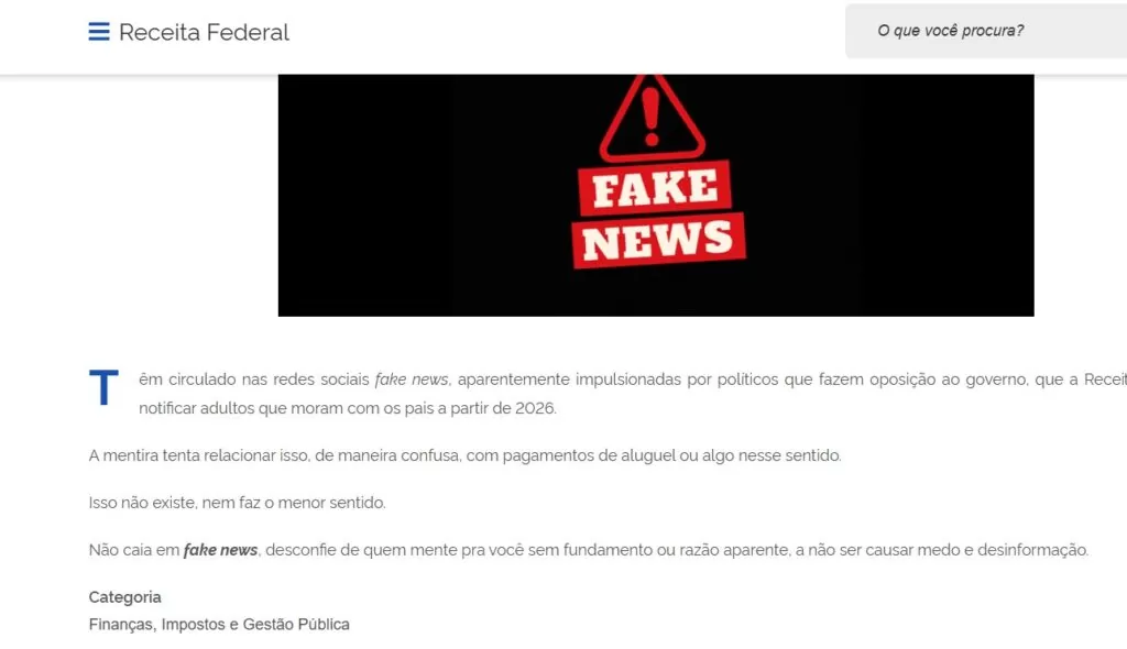 imagem do comunicado da Receita Federal sobre imposto para adultos que moram com os pais
