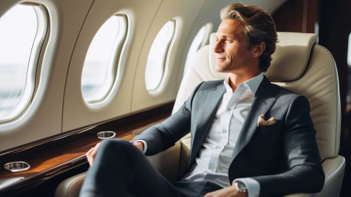 Um homem com cabelo loiro e terno cinza, em seu assento em um avião particular, olhando pela janela. A luz natural ilumina a parte interna do avião, destacando o assento de couro branco e as mesas de madeira escura. O homem segura um copo de bebida. A imagem transmite uma sensação de luxo e sofisticação.