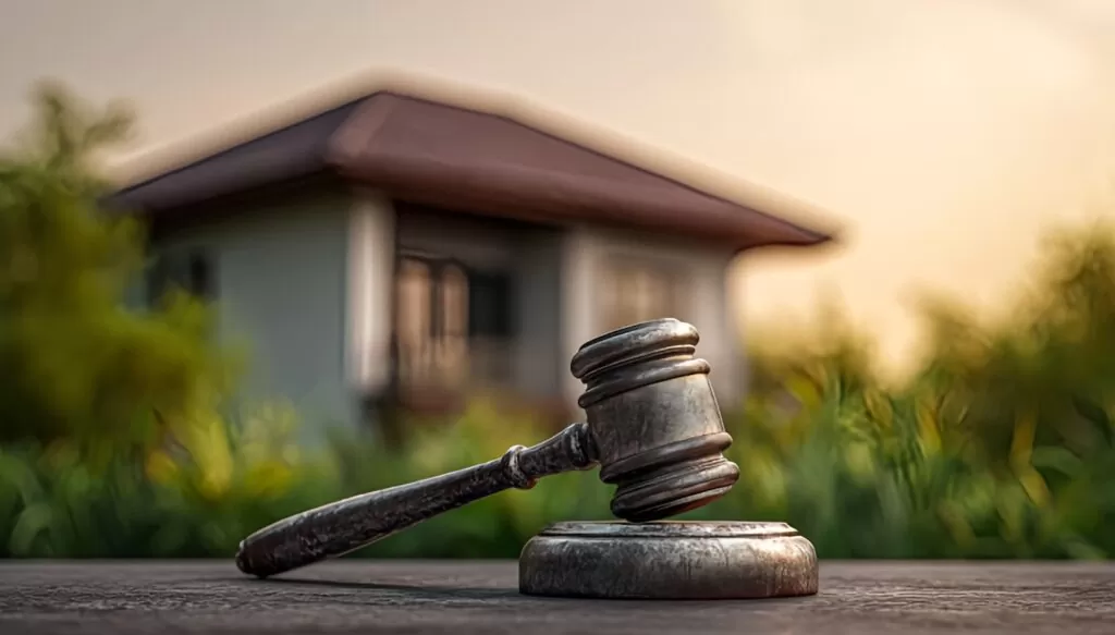 Foto de imóvel com martelo de leilão à frente.