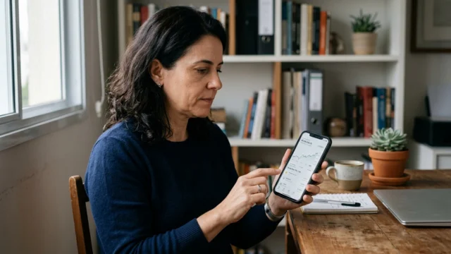 Mulher olhando um app financeiro para ver a variação do CDI