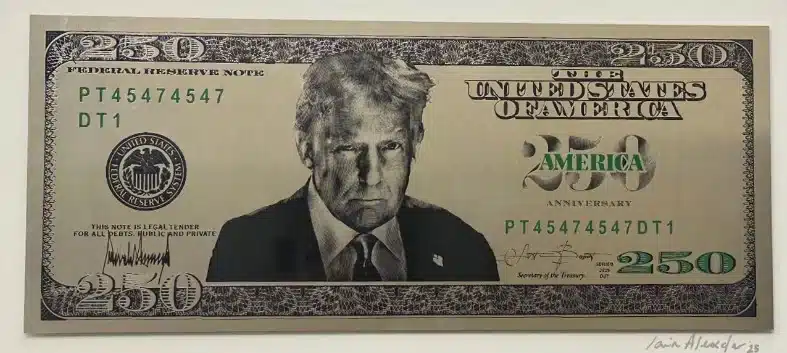 Imagem da nota de 250 dólares com Donald Trump