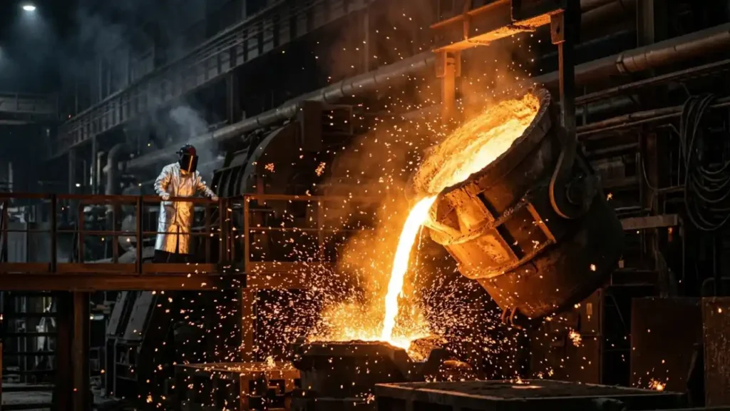 Interior de uma imensa fábrica metalúrgica e siderúrgica com iluminação industrial dramática. À esquerda, dezenas de grandes bobinas cilíndricas de aço laminado estão empilhadas organizadamente em várias fileiras. O chão de concreto exibe trilhos ferroviários embutidos que cortam o galpão e refletem a intensa luz alaranjada e dourada que emana de um alto-forno de fundição ativo ao fundo, à direita. Estruturas metálicas de guindastes, vigas pretas de suporte e plataformas elevadas compõem a arquitetura interna da usina sob uma atmosfera levemente esfumaçada.