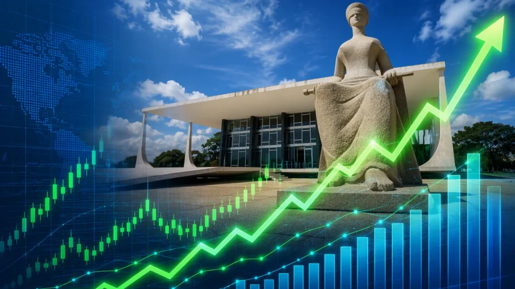 Sede do STF com gráficos de mercado financeiro