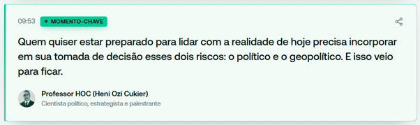 Frase do Professor HC (Heni Ozi Cukier) durante a Money Week 2026:
Quem quiser estar preparado para lidar com a realidade de hoje precisa incorporar em sua tomada de decisão esses dois riscos: o político e o geopolítico. E isso veio para ficar. 